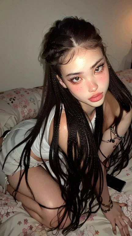 (uma menina preta bonita com olhos azuis+beautifull lips+afro braid:1.2) is in a room overlooking the beach. she is lying on the bed, Oeste --auto