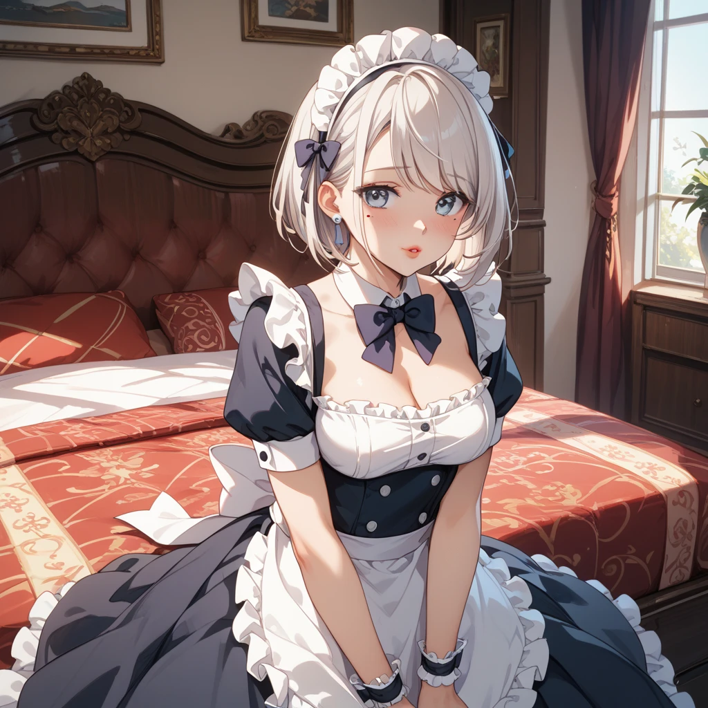 Anime Kawaii sexy Perfect Slim sensual body large breast and huge thighs, An intricate and highly detailed illustration of anime (Young girl)  (((best qualityer))),((​(work of art))),(((detailded))),(((high resolution))),(((Beautiful and beautiful work: 1.5))),(超high resolution),(((detaildedな背景)))8k, RAW Photos, best qualityer,32 mil，work of art，ultra HD,Fine and beautiful hair, eyes and face,((hotel bedroom)),Face pretty,((blush, sweat)), Light white,(maid costume),(ultra detailded, facial)