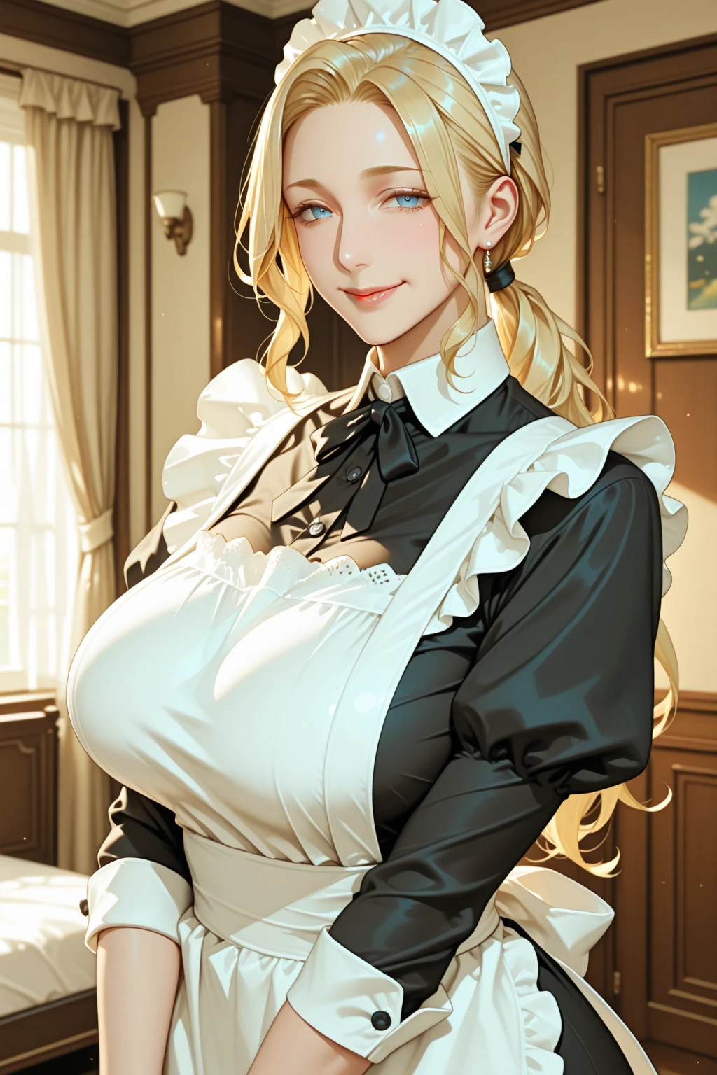 1girl, mature female, older, huge breasts, milf, motherly, wide hips, curvy, barmaid, long hair, wavy hair, swept bangs, blonde hair, blue eyes, collarbone, lips, score_9, score_8_up, score_7_up, score_6_up, source_anime, Accurate describe shapes, beautiful face, expressive eyes, looking at viewer, solo, close-up, sitting, sofa, indoors, scenery, dramatic lighting, seductive smile