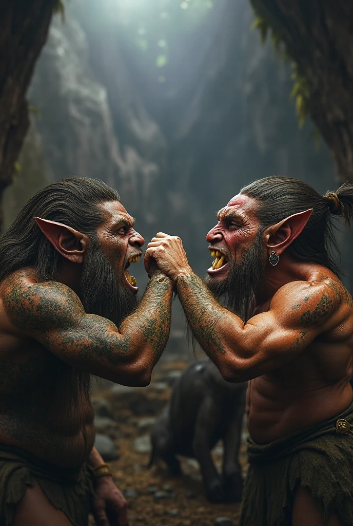 two cavemen who look a bit alike staring at each other, one with an angry face and the other with a serene and smiling face, the image must have a dark and mysterious air they are the sky opens a ray of light under the man who has a serene face