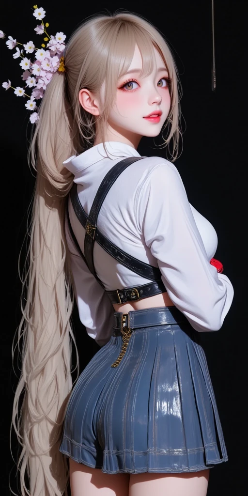 Asian,bimbo,bust size 90D,slim waist,big curvy booty,wide hips,smoky eyes ,choker,glasses,two blond braids,mini top white,red plaid mini skirt,white fishnet stockings with bow,high heel shoes,ahegao face,SIDE VIEW,Blue eyes,sexy pose