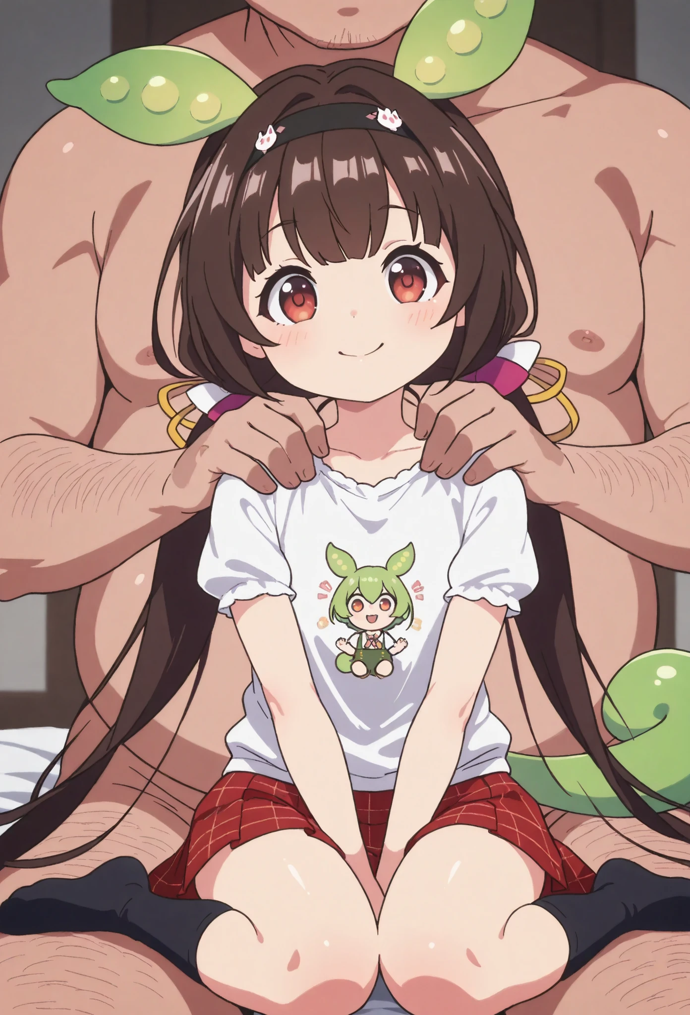 hinatsuru, training,,zundamon,voicevox,gbfpxnl,lazynsfw,{{character}} \(granblue fantasy\) ,hinatsuru, training,,zundamon,voicevox,very awa, masterpiece, best quality, newest, highres, aburdres、1 、 medium brown hair 、 black headband with gold decoration on the head、flat chested 、 slim body、 Read more、Animal print shirt 、brown plaid skirt 、black socks、 smiling girl with no visible hips、garden、gardenのベンチ、 fat man、girl sitting on man's lap 、 man hugging girl、Happy man