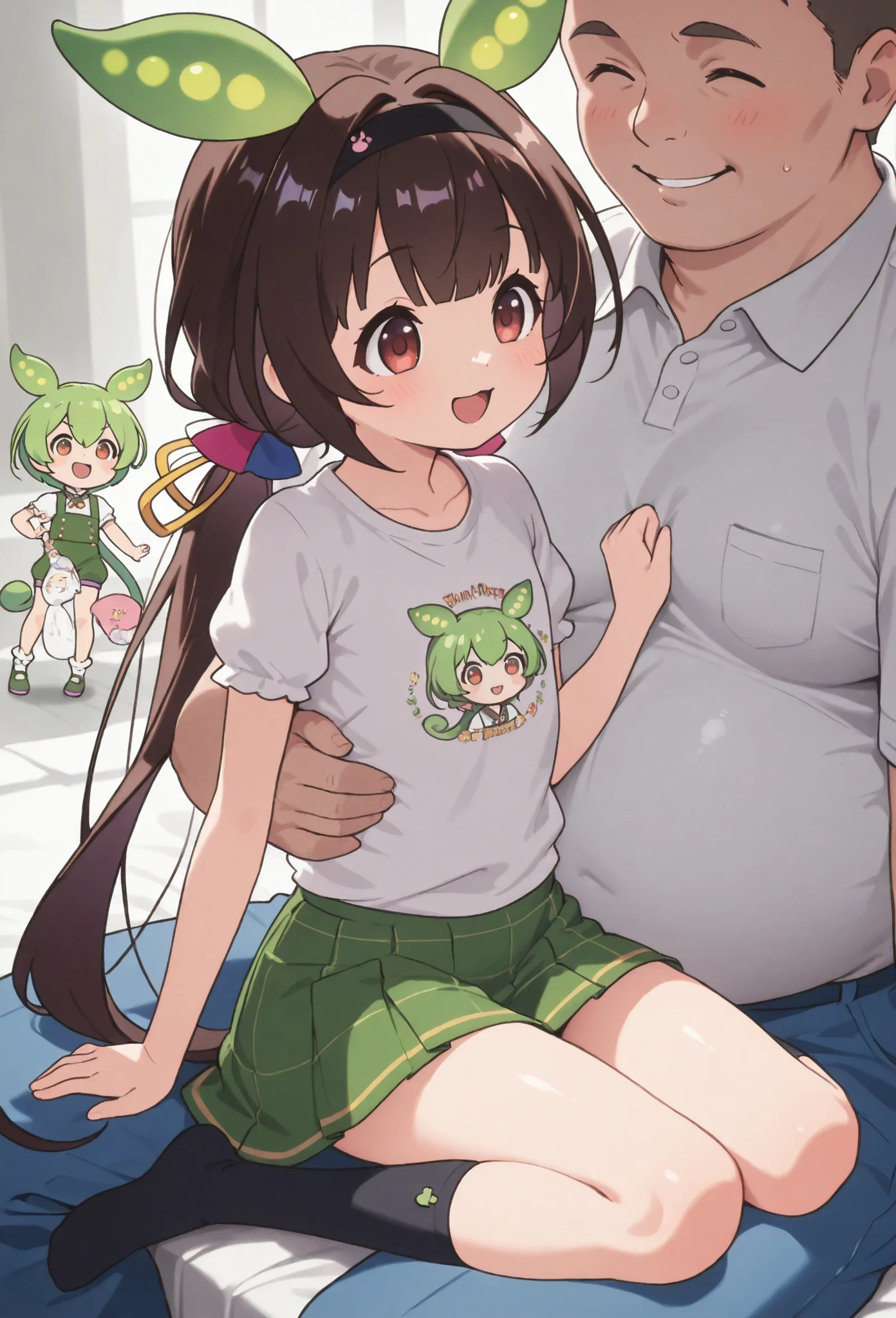 hinatsuru, training,,zundamon,voicevox,gbfpxnl,lazynsfw,{{character}} \(granblue fantasy\) ,hinatsuru, training,,zundamon,voicevox,very awa, masterpiece, best quality, newest, highres, aburdres、1 、 medium brown hair 、 black headband with gold decoration on the head、flat chested 、 slim body、 Read more、Animal print shirt 、brown plaid skirt 、black socks、 smiling girl with no visible hips、garden、gardenのベンチ、 fat man、girl sitting on man's lap 、 man hugging girl、Happy man