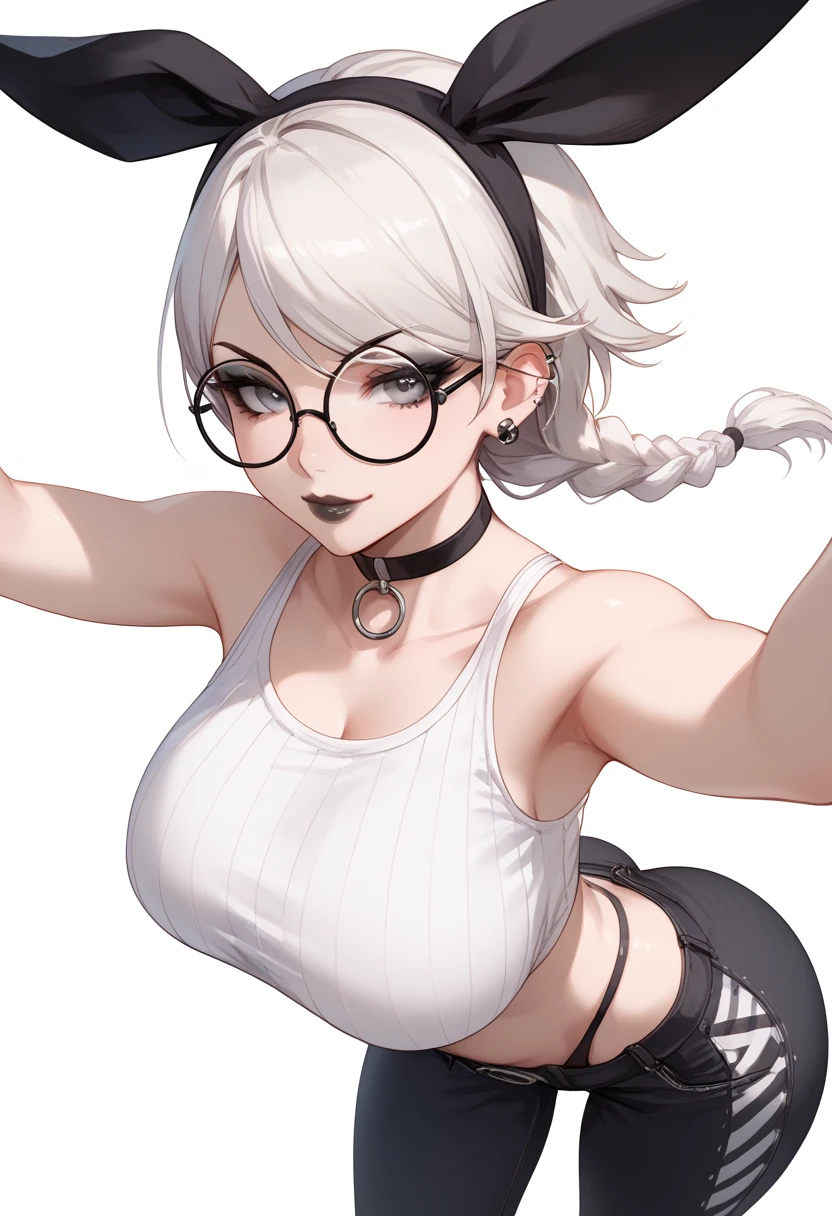 Smudgy, traditional art, liu2, brush texture, score_9, score_8_up, score_7_up, score_6_up, score_5_up, score_4_up, BREAK 1girl, white hair, hime-cut hair, straight hair, long hair, grey eyes, thick lips, scowl, long eyelashes, half-closed eyes, black-framed eyewear, round eyewear, black choker, blunt bangs, adult, black eyeliner, ear piercing, black lips, grey eyeshadow, looking at viewer, BREAK solo, standing, large breasts, adult, skinny, from below, wedgie, highleg, arched back, thigh gap, black bikini top, black sport shorts, red baseball cap, black thong, choker, goth, BREAK (white background:1.2), simple background, dynamic pose, dynamic angle, angled shot,
