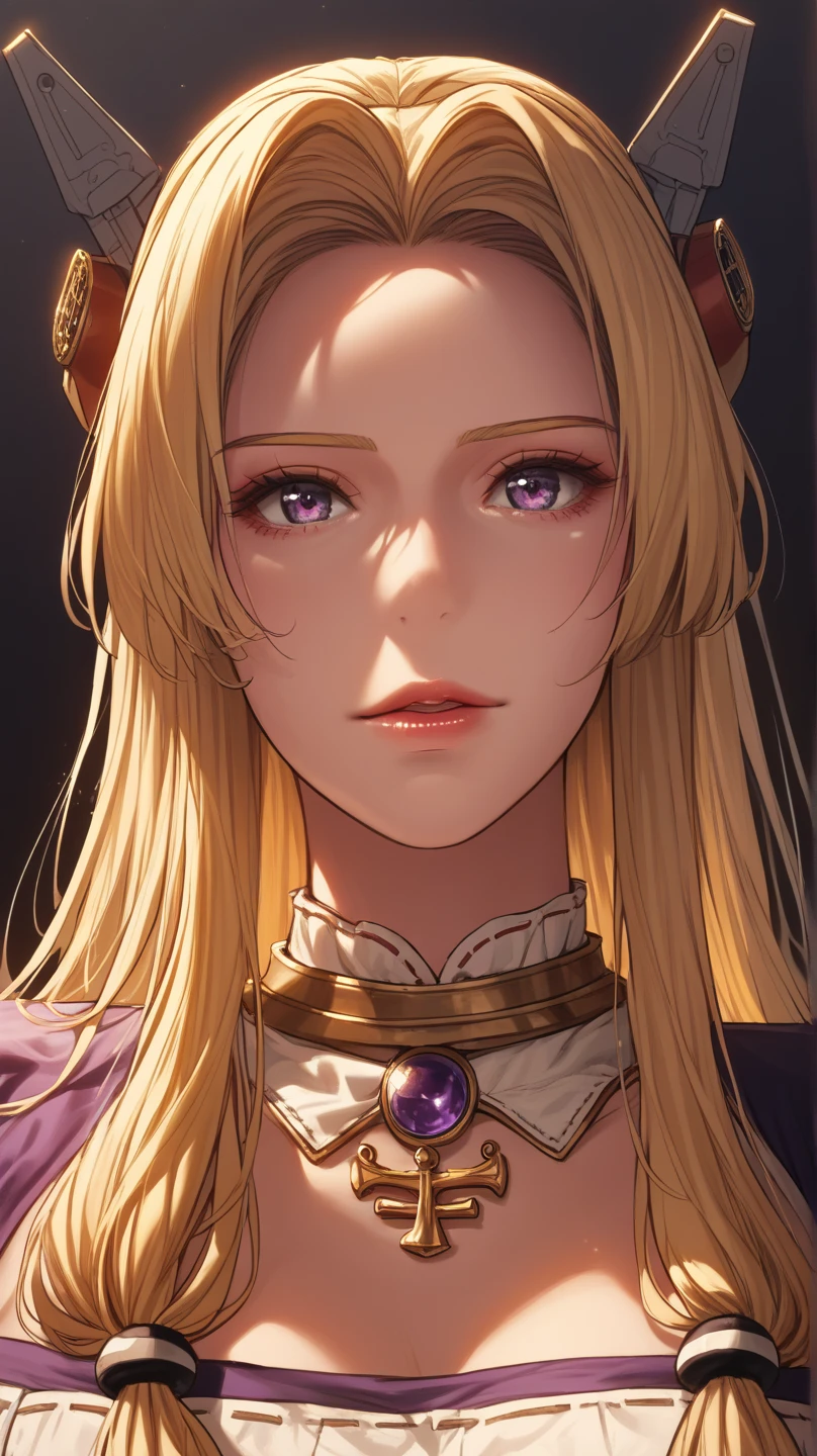 ((best quality)), ((masterpiece)), (detailed), perfect face Duchess With blonde curl hairstyle and violet eyes, medieval clothes, adult face shape