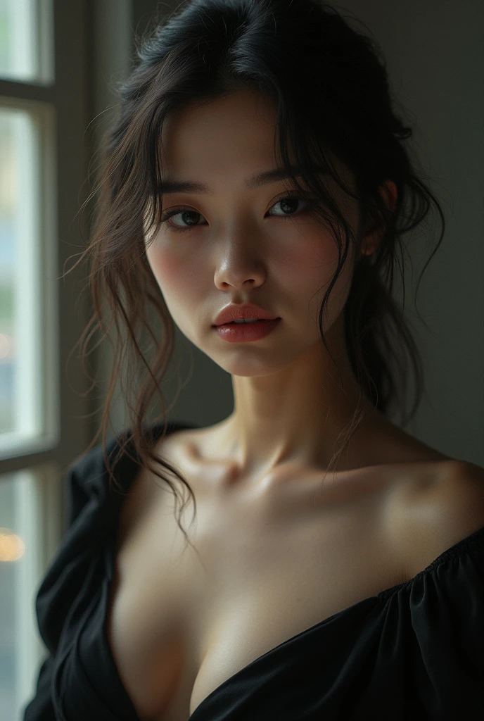 photo brute, femme visage jolie asiatique ;une belle femme de 20 ans ,visage caractere sexy, porter une robe noire, mine coquine, ombres dures, porter de vue de face, Éclairage lumineux