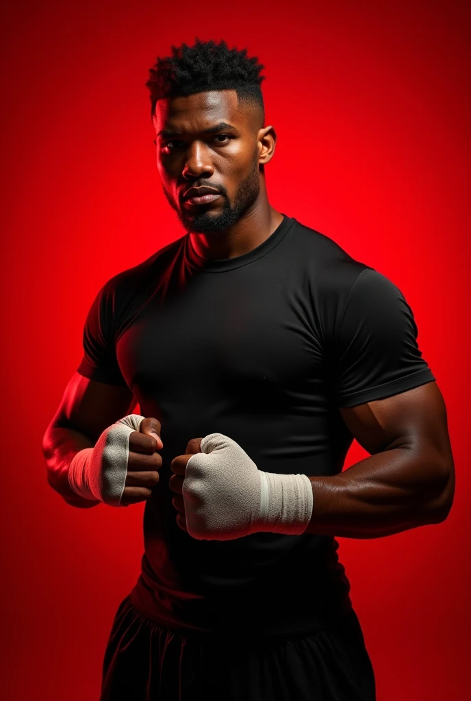 Boxer posing for a photo with his red gloves and white pants with black stripes and dark skin and short hair