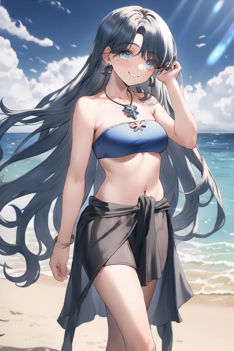 hoshimachi_suisei, Artist, erere, mamerakkkkko, Copyrights, idolmaster, idolmaster_shiny_colors, Character, General, 1girl, wavy side_bangs, blue_hair, blunt_bangs, blush, medium_breasts, breasts, blue_eyes, long_hair, striped bikini, blue_bikini, frilled_bikini, navel, raised_eyebrows, mouth slightly agape, open mouth, (full_body) (standing in middle, beach_umbrella), sky, detailed, sand, outdoors, looking_at_viewer, facing_viewer, masterpiece, best_quality, great_quality, girl, solo, center_composition, centered character, v_over_eye, hand_on_hip, cute
