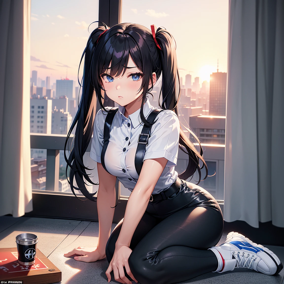A dark-haired、Drink canned coffee in your room、morning、white t-shirts、dishevled hair、slovenly、Cross-eyed、Drunk、Turned、( Silly / Sexual ecstasy)、Turned、eye glass、top-quality, Photorealistic, An ultra-fine illustrations, beautiful attractive anime girl, miku hatsune, Slender body, Tied hair, one girls, a photo of girl, Full body shot, Beautiful blue eyes, Turned,