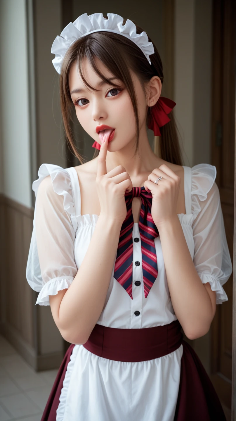 ((nsfw)),1 Female,Brown Hair,Red ribbon ,((Surprised expression)),Beautiful breasts,White shirt,Red dress,Stylish,,(Look forward)(((Blushing、Embarrassed expression)),(((The skirt flips up in the wind)))、White panties、