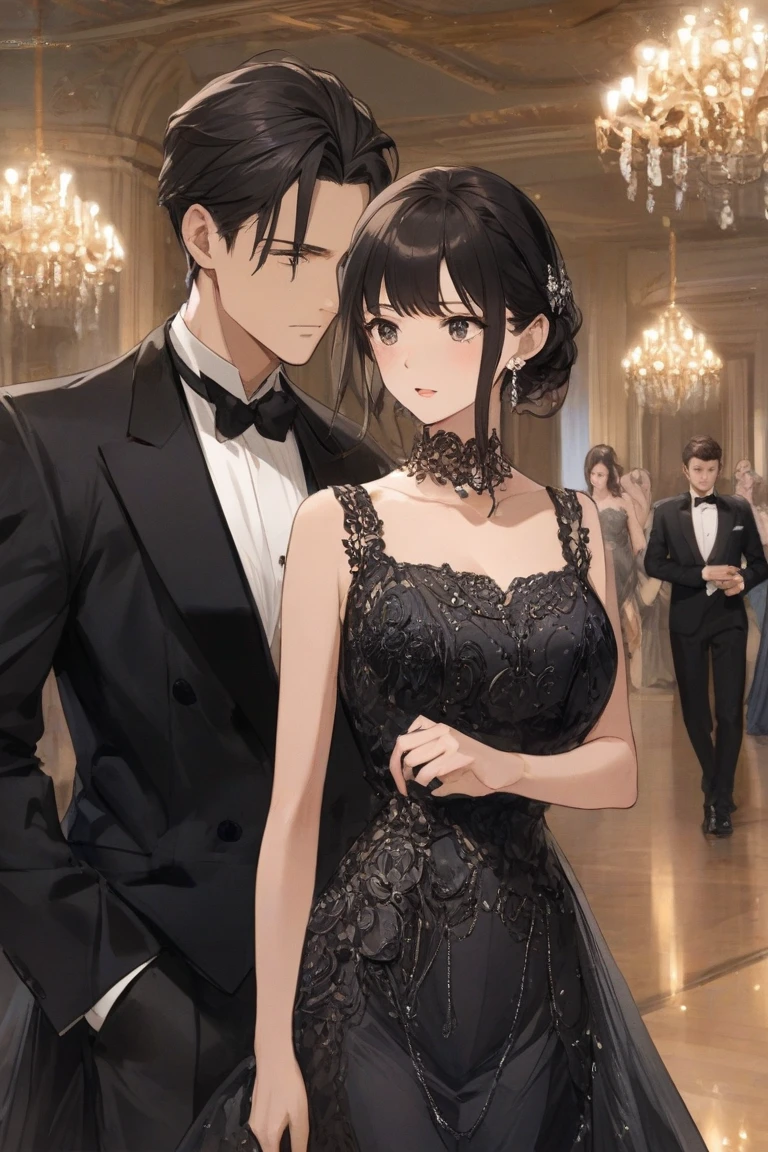 ((Highest quality)), ((masterpiece)), (detailed), （Perfect Face）、The woman is Reika Aoki, the wife of a mafia boss, with medium-long black hair and an engagement ring.、The woman is dressed in the most luxurious and glittering party dress and lavish jewelry to show her mafia dignity at the luxurious party venue, and is being escorted by the mafia boss.、The woman is happily embracing the mafia boss as they are escorted by him. They are a happy couple.