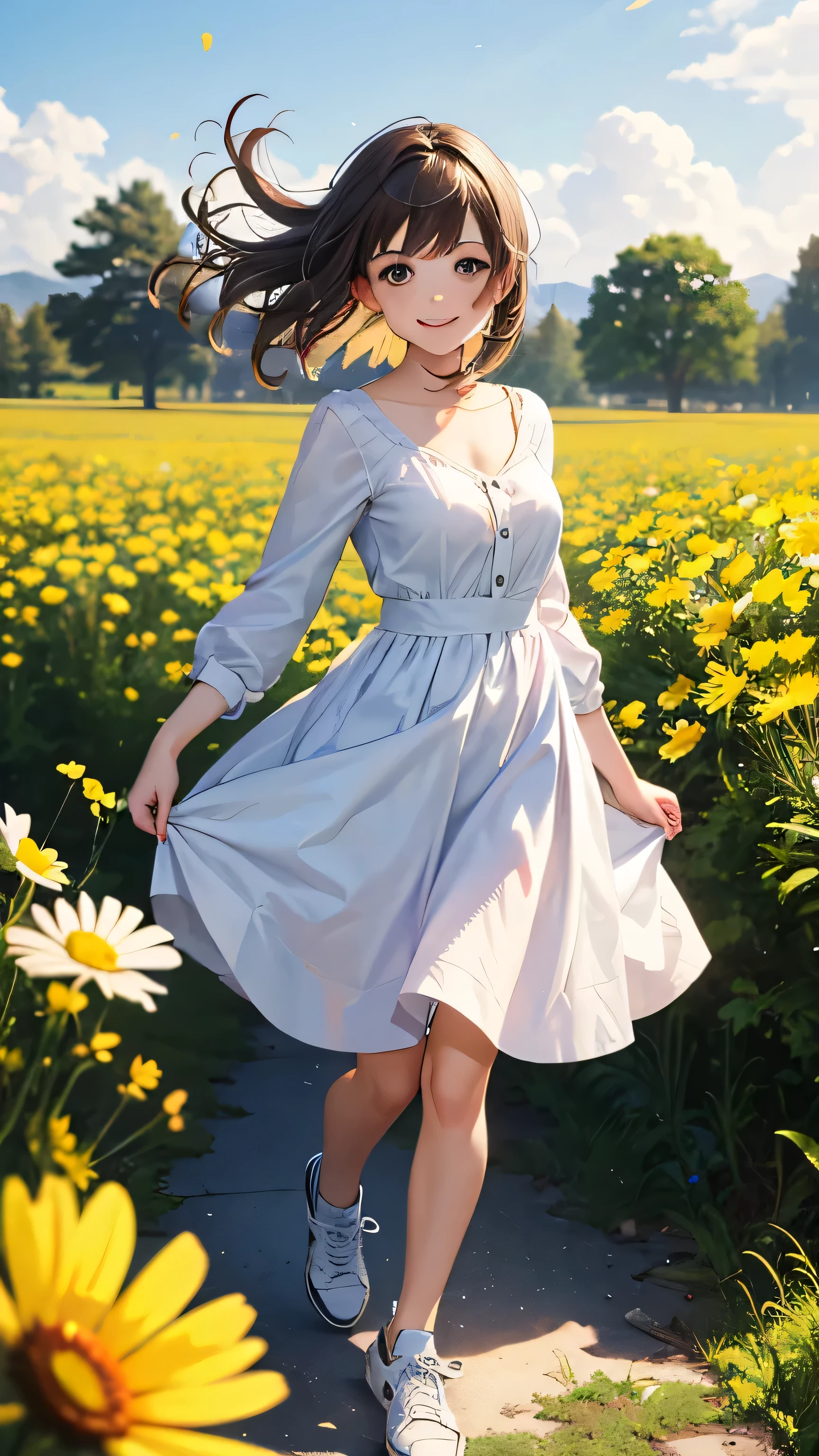 Lain Iwakura walking in the meadow, floral, sunny, radiant, 1950s summer dress, pastel colors, watercolor and pen art, beautiful