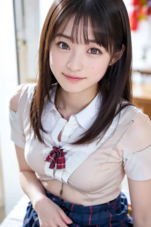 (highest quality,masterpiece:1.3,ultra high resolution),(Super detailed、caustics) (Photoreal:1.4, RAW shooting、)ultra-realistic capture、very detailed、natural skin texture、masterpiece、(junior high school sailor suit:1.3)、1 Japanese girl、adorable expression、expression of happiness、14 years old、young face、surprisingly cute、twin tails、curly hair、black hair、Scrunchie、light makeup、Big breasts that are about to burst、Sit on a chair and open your legs to the left and right、Filmed in a junior high school classroom、Shining thibeautiful woman in her 30s desperate to pee with grabbing her crotch in public, black eyes, brown hair, blouse, flare skirt, ((leaking pee)), (((clutching crotch))), impatience, embarrassed, looking downghs、summer sunshine、smile、inviting gaze、White panties、