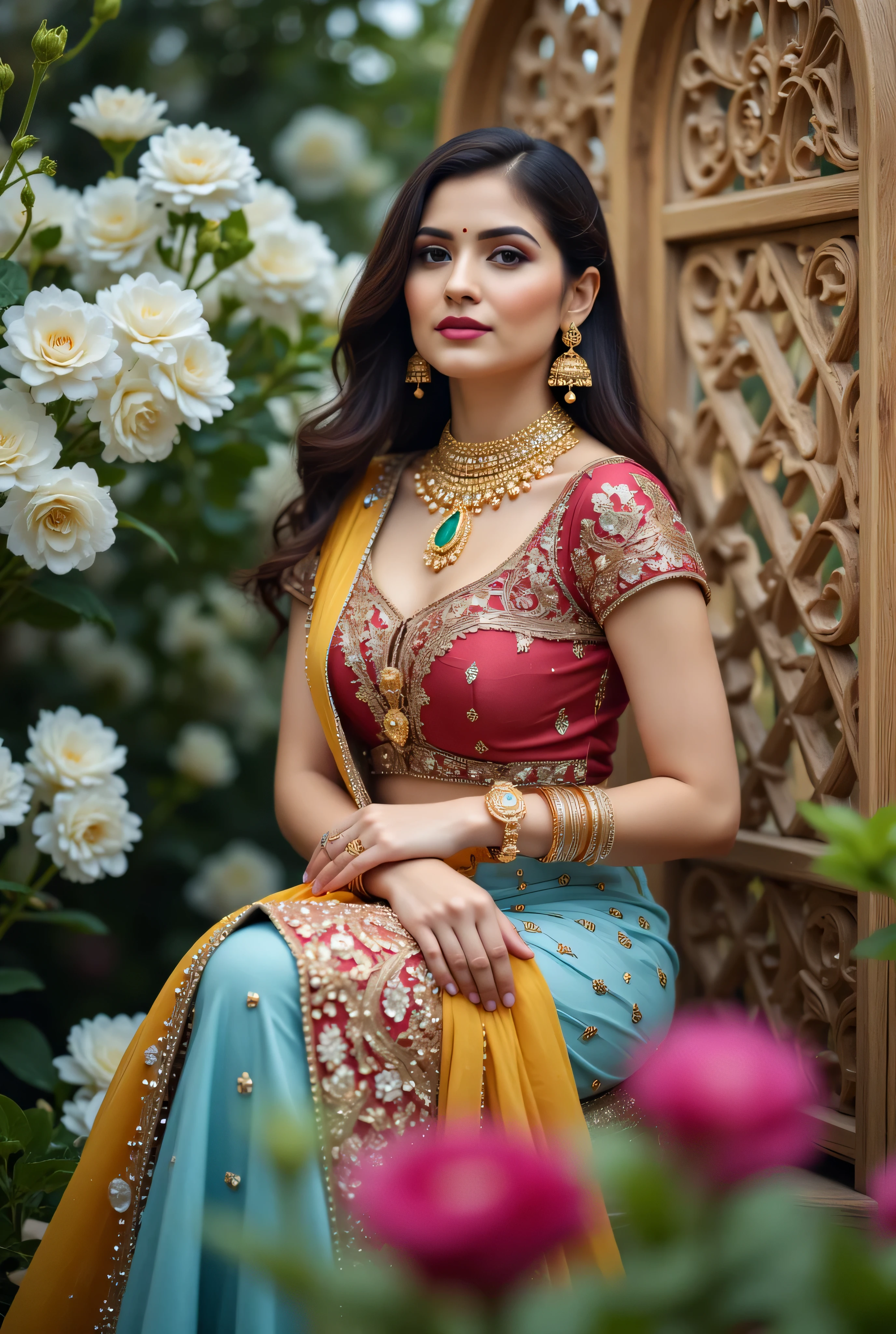 A beautiful Indian woman seated gracefully in an outdoor floral setting, wearing a traditional lehenga-choli ensemble with a richly embroidered Black blouse, sky blue skirt, and mustard-yellow dupatta draped across her shoulder. Her look is enhanced with intricate gold jewelry, including layered chokers, jhumka earrings, stacked bangles, and an emerald pendant. Her makeup is professionally applied with bold lips, defined eyebrows, and contoured cheeks. She has a symmetrical oval face, flawless skin, and flowing, softly curled dark brown hair. The backdrop features blooming white flowers and ornate wooden lattice panels, creating a serene and regal garden atmosphere. Studio-quality lighting with a cinematic bokeh foreground. Full-body composition, elegant posture, poised expression, royal Indian ethnic fashion, high realism, editorial photography style. high detail, DSLR quality, fashion editorial, traditional Indian attire, natural garden light, soft shadows, ethnic elegance, jewelry detail, realistic rendering, studio background bokeh bad-hands-5 and bad-fingers-5