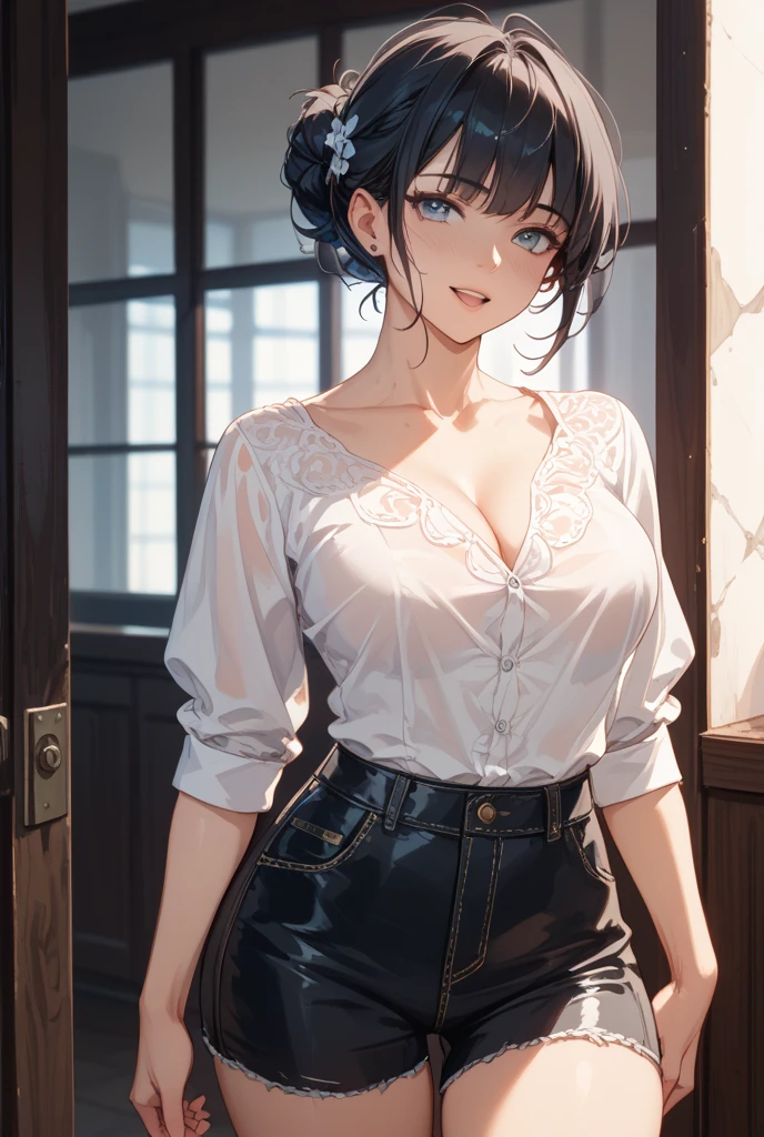 NSFW, tmasterpiece, a handsome female, stands, collar, blouse, white pants, blushful, perineum