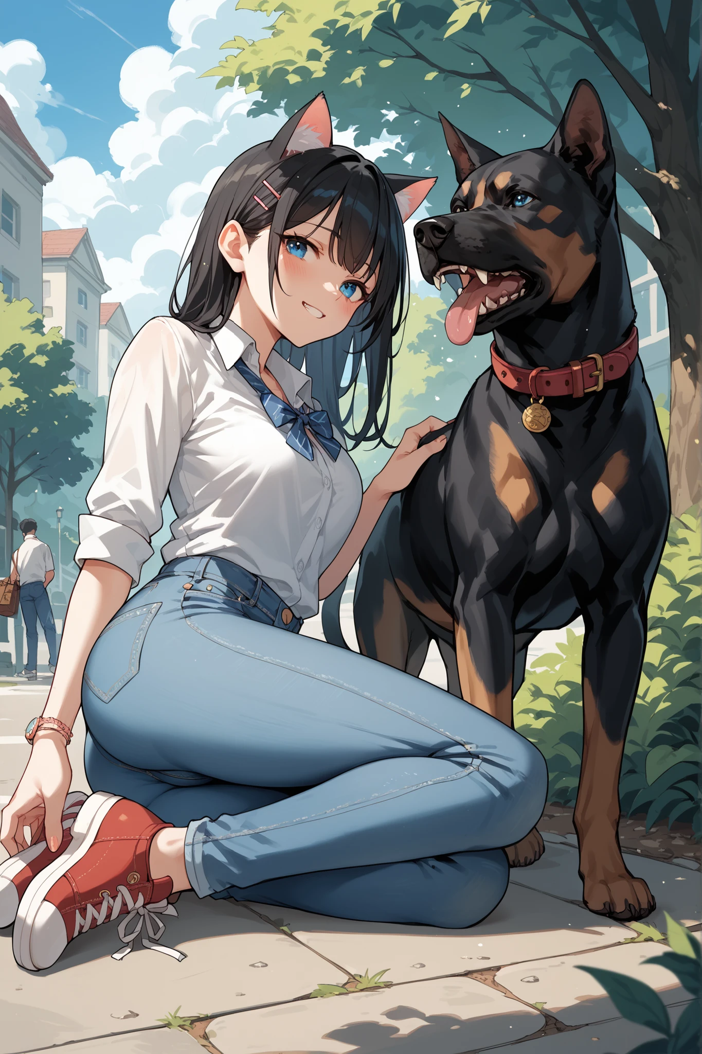 nsfw,after rape,((perfect anatomy:1.2,realistic,:1.3,RAW Photography:1.3,masterpiece、highest quality、Ultra - High resolution、High resolution、Highly detailed CG、8K)),cowboy shot,1 female,solo,20-year-old,beauty of japan,(beautiful detailed face and eyes,big and gorgeous eyes),dark blue eyes,(black hair,long hair,blunt bangs),(medium breasts,slender body,small head:1.4, skinny), glowing skin,oily skin,walk、arms behind back,((shackles:1.5)),((white shirt with collar,long sleeve,navy pleated mini skirt、barefoot、loafer shoes)),(In a grassy field, a girl is on all fours, a big dog is hugging her back from behind, and the dog and the girl are mating in the doggy position, with their bodies in close contact.
Her face is bright red, her mouth is open, and she looks like she is about to cry.
She is wearing a very short skirt.