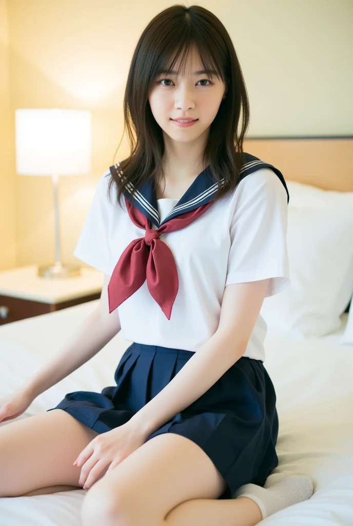 An ultra-high picture quality、Perfect Photo、14-year-old beautiful girl、Japan beautiful girl、middle school girl、light skinned、slender、tiny chest、Lying on his back on the bed、a miniskirt、Raised mini skirt、With bangs、ankle、Crying face、is crying、Prone eyes、Semi-long hair、Straight hair、girl's own room、toe、sole of feet、thighs thighs thighs thighs、lying back on、Skinny Legs、White panty、Japan Women's Sailor Uniform、raised shirt、