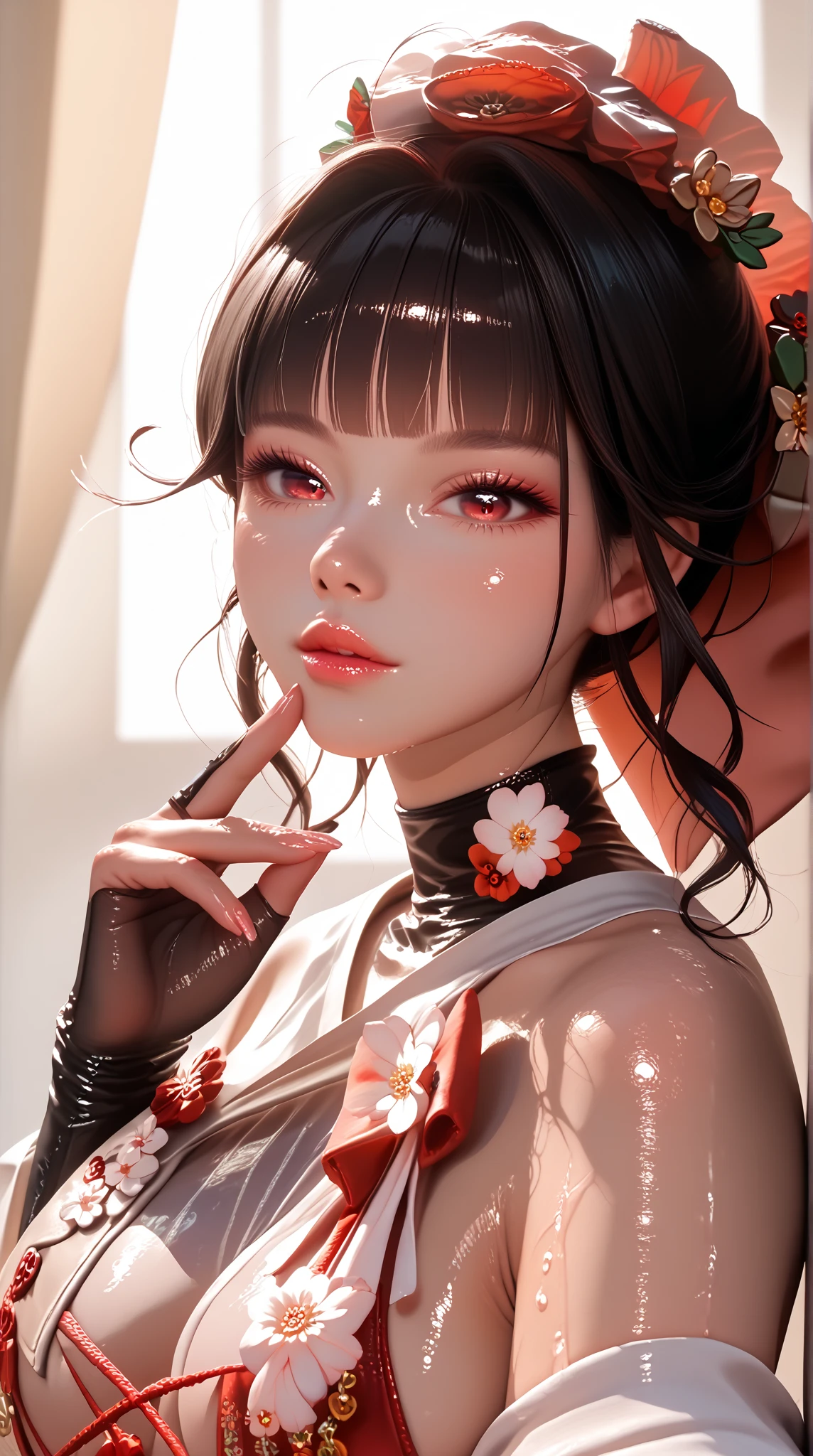 ((best quality)), ((masterpiece)), (detailed), visage parfait, yeux gris, Long Dark Hair, frange, red lips. Hairbangs, septum piercing. Kimono