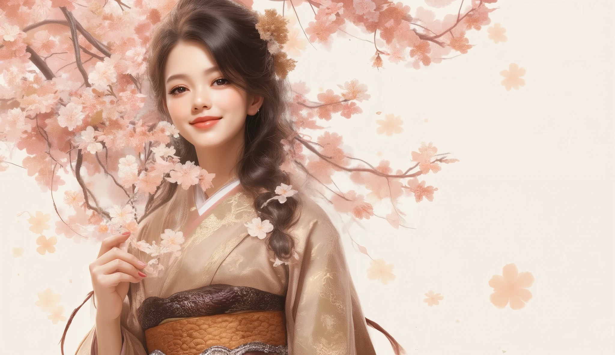 (((Watercolor brown paint :6、 acrylic paint )))、 cherry blossoms、Girl holding a cherry branch、 happy expression、 smile、Cabello largo Shinete y detallado、 black hair、 Detailed Kimono、 Textured belt、Tie the obi、( Shine、 fluffy 、bokeh)、((( dark sepia filter)))、Plain background