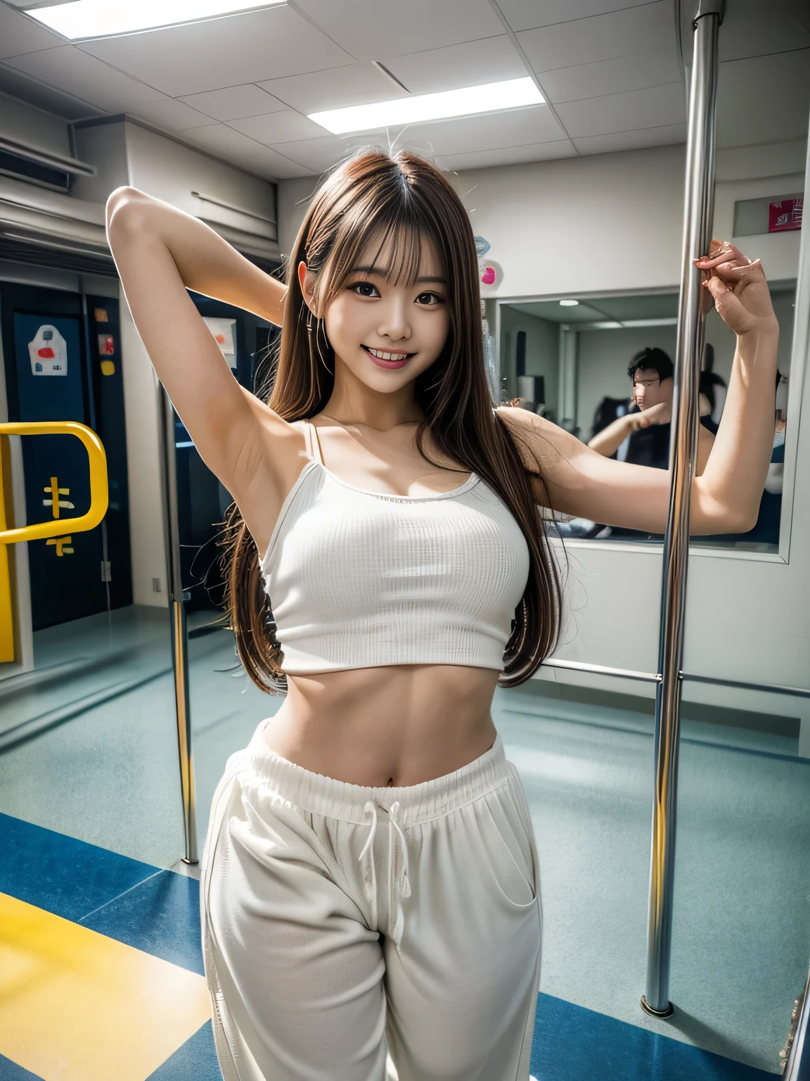 A captivating and intimate photograph of a young Korean woman, effortlessly showcasing her unique style and curves in a school setting. Seated cross-legged beside blue lockers, she exudes confidence in her light red thin-strapped tank top, mini gray skirt, and open white shirt, which reveals the V-neck of her tank top. Her large round glasses and straight medium hair with bangs tied into two small ponytails at the back of her head add to her allure. Her subtle, inviting smile is the focal point of the image, beautifully captured by the camera's perspective, which illuminates her from the front. The background of scattered desks and papers further enhances the intimate atmosphere of this enchanting scene.