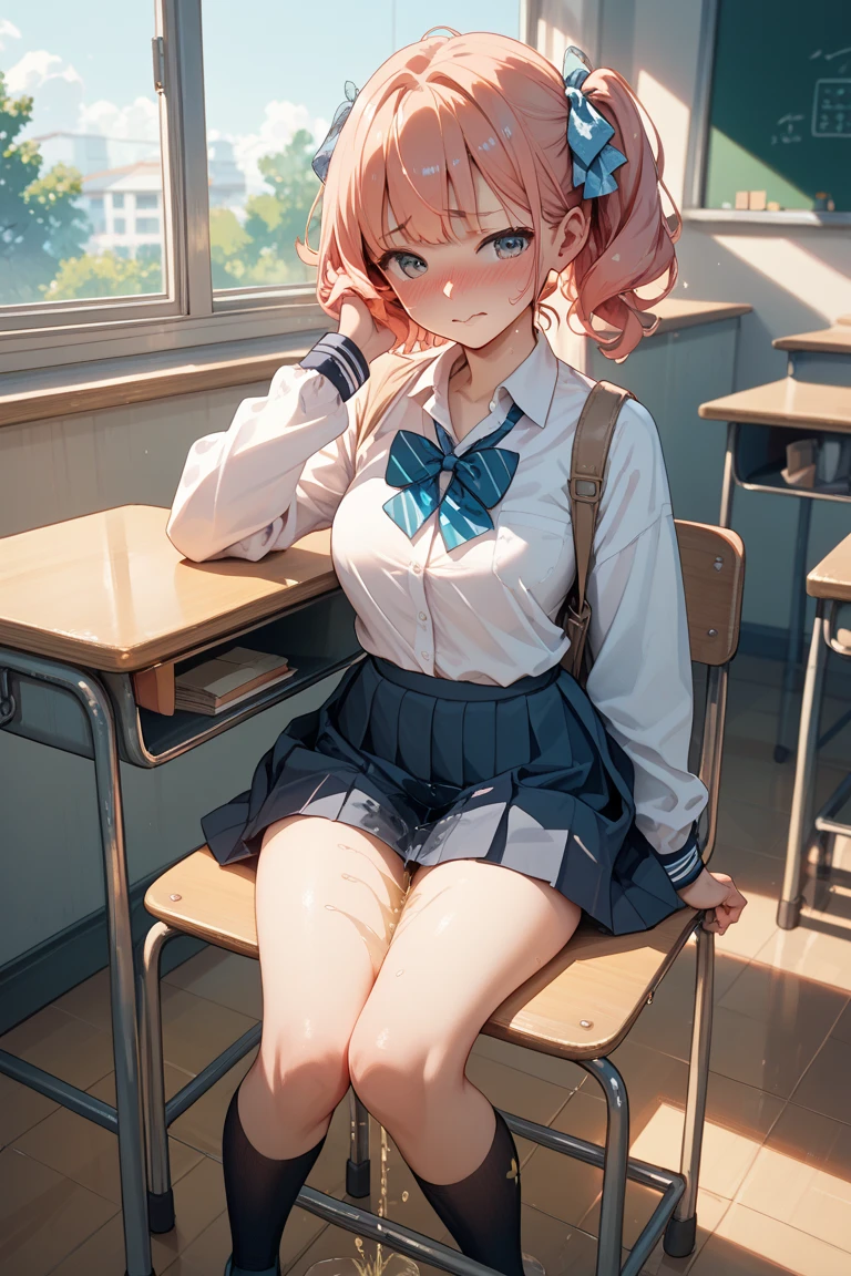 Slanted Eyes、Buns under both ears、Pink Hair、Pink Hair、Pull up your skirt、high school girl、Japanese 、classroom、Pull up your skirt、Showing panties、黒いShowing panties、Blushing、Pink Hair