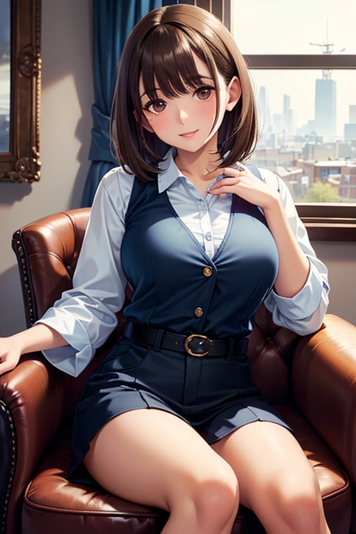 (best quality, 8k, highres, photorealistic:2.0), (solo, one girl:2.0),(lighting: strong),(lighting: front),(very muscular girl:2.0),(bodybuilder girl:1.5),(shiny skin:1.5),(brown hair color:1.5),(Bend your legs and open your thighs:1.8),(black loafers:1.5),(light blue blouse:1.6),(collar blouse:1.2),(long sleeve light blue blouse:1.3),((tight blouse:1.7)),(Emphasize cleavage:1.2),(short socks),(white socks:1.1),((blue pleated skirt)),((blue skirt)),((Wearing cute panties)),((Girl leaning on an old leather sofa)), very beautiful Japanese girl, Blush brown makeup , dark eye makeup,(Hold your loosely clenched fist in front of your face:1.7),(girl with open mouth:1.4),(Instructing viewers to perform a self hand job),(Gesture to give you a hand job:1.3),(Jerk Off Instruction for viewers),(very smiling girl),(Instructing viewers to masturbate themselves:1.3)