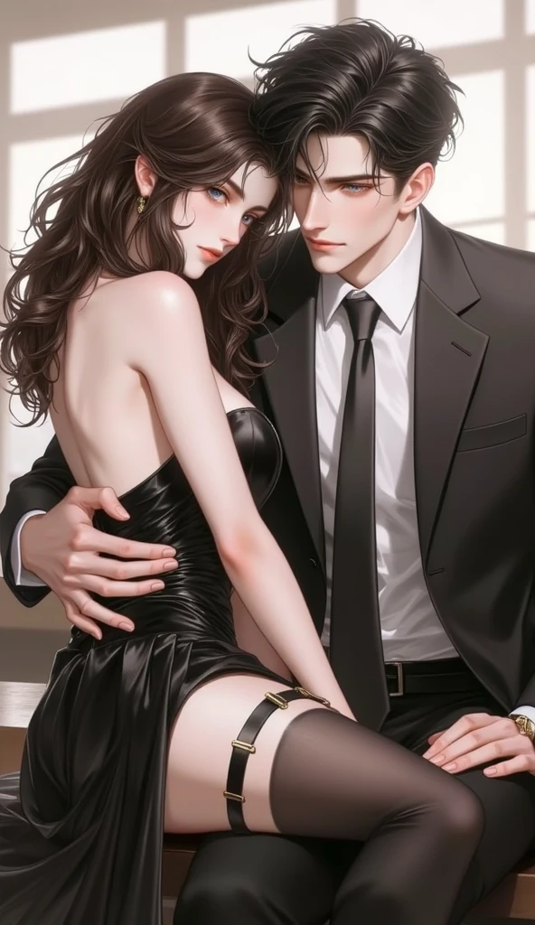 (table top, digital art, digital illustration, 4K, 8 thousand, very detailed, Beautiful photos, clear image, realistic, RAW photos, perfect face, perfect line, perfect eyes, soft lighting) 1 woman, (long black hair, Straight hair, an optimistic outlook, beauty, woman in suit、solid makeup, 23yo girl,:1.3), secretary, Two handsome men in suits, (human, man in suit, muscular, Shoulder width is solid, Adult Male, boyish hairstyle, british gentleman style, A man in his 30s with a cool expression, A 28-year-old man with a bright smile:1.2), living room full of light、a sofa、편안한 a sofa、the kiss、kiss、couple、couple kiss ing、Romance、sex、have sexual intercourse、wet pubic area、insert 、rape、Overflowing、Full-body painting, (one girl and one man, Having sex:1.5), (human, Adult Male, Rubbing Girl's Thing :1.2), cheek dye、Panting face、embarrassing、boredom、begging、unhappy、greedy expression, wet pubic area、 insert、Open your crotch wide、cowgirl、Fluttering、wet shirt、sheer black lace underwear、Take off your underwear、Love Hotel、rotor