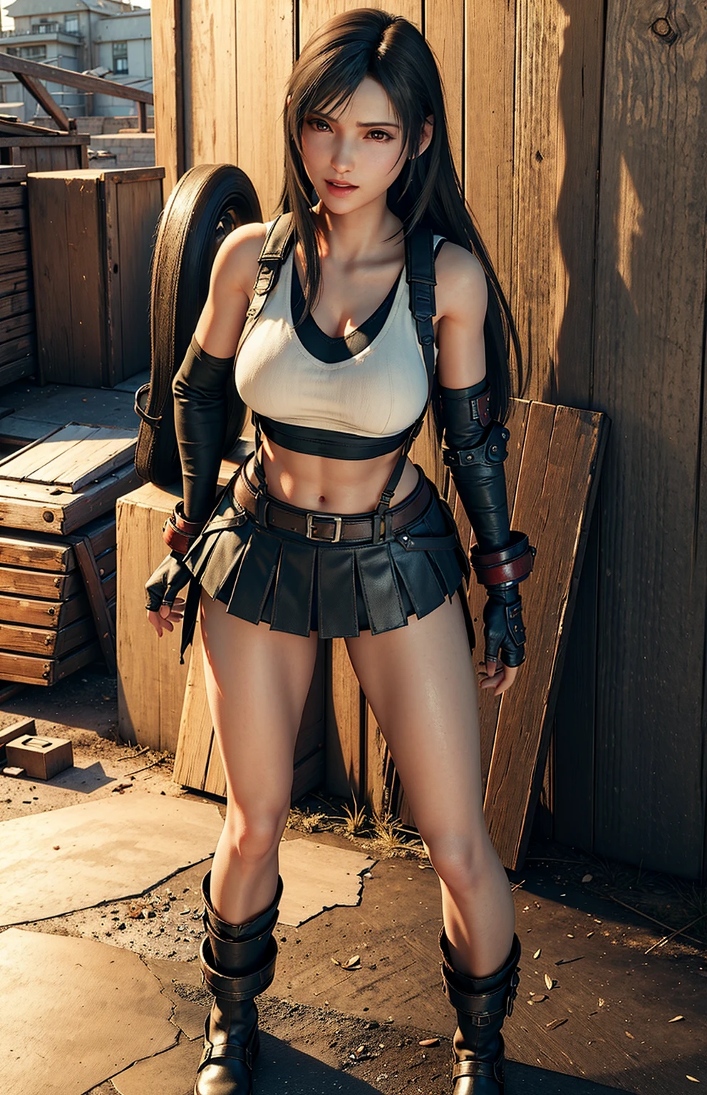Woman warrior、anime、gloves、Utility Belt、Sweat、(Stone outdoor arena)、Trained biceps、Medium Hair、(Pink jersey)、Shingard、Knee pads、Shoulder Armor、Chest Armor、head band、Denim skirt、tights、Brown Hair、Elbow pads、Realistic