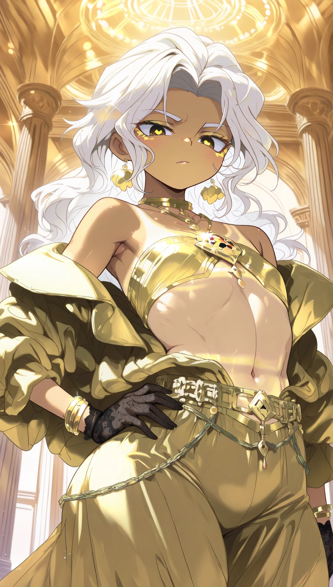 highres , absurdres , masterpiece , best quality , indoors, palace, 1femboy{male, adult, sun-kissed tan, golden brown eyes, gold eyeliner, slender and feminine build, curvy body, flat chest, (white hair with gold ombre hair:1.5), medium-length hair, (open shoulder top shirt:1.1), lace gloves, gold bracelets, chain belt, hand on hip}, anime style,  detailed skin, expressive eyes, Shoulder Level Shot, high angle shot,