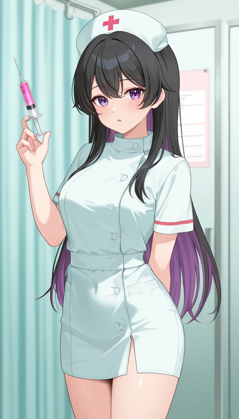 Beautiful woman, Sparkling eyes, False eyelashes, Pink Lips, Big and ample breasts, Two Arms, thumb and four fingers, Anatomically correct fingers, Detailed Description, hospital, nurse,  I&#39;She is sitting on the bed、her panties are visible from her miniskirt.., Spread your legs,