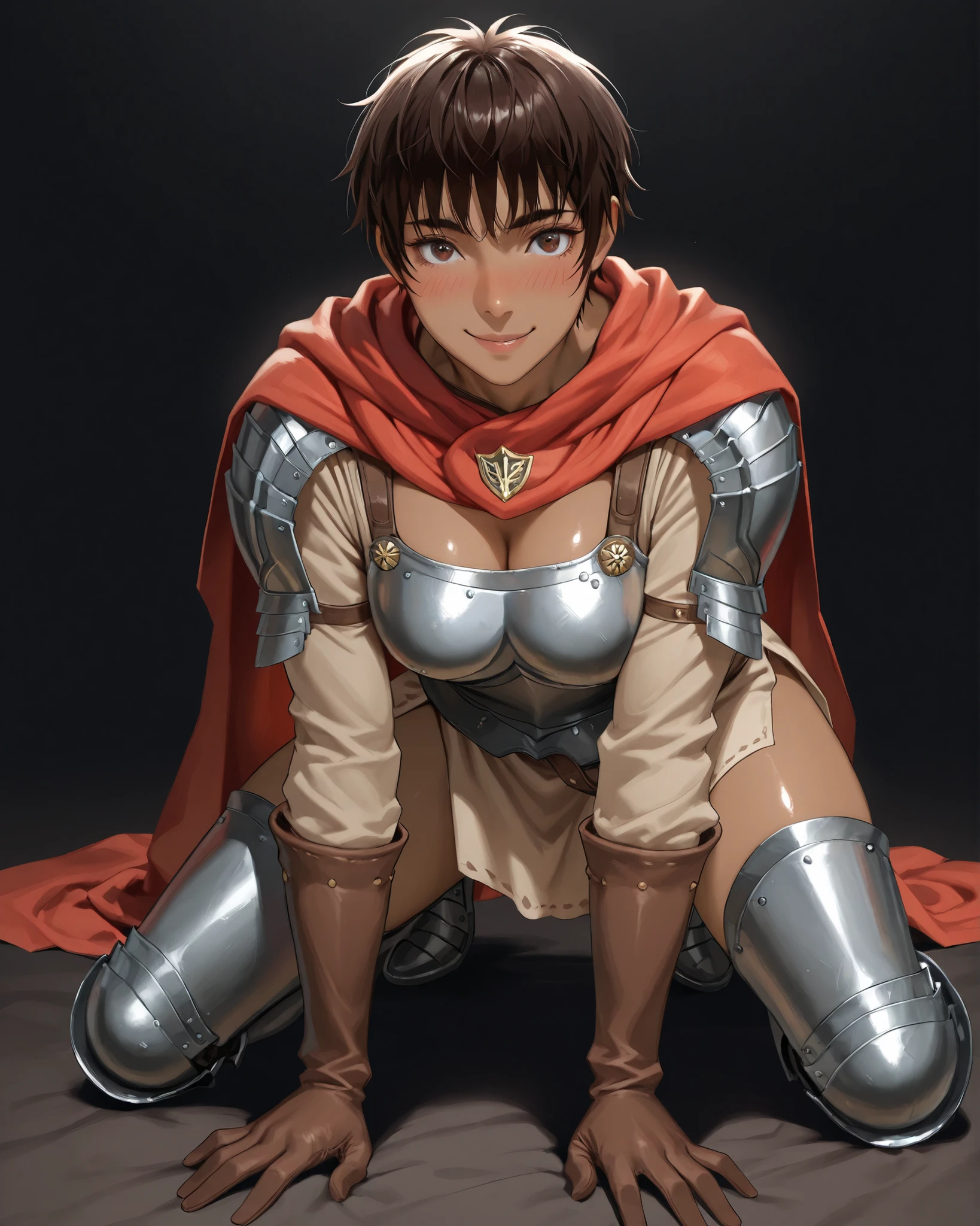 closeup, Sluisap, eyes、usnr、GBF_style、748cmstyle、32K、Semi-realistic、 super detailed description 、Artwork、Original Works、 detailed color、 detailed eyes、 detailed lips 、 The Greatest Masterpiece、Professional work、normal 、Berserk Character, Casca , Casca, (Casca :1.3 cosplay ) , dark background , cowboy shot, , full frame , full length , shiny body, ,( full body view1:3), , full body view , , normal , looking at the viewer , smile ,cleavage , ,full body , black background , nose blush , ,short pixie cut, messy bangs, dark skin tone , Wearing a steel chest plate , shoulder protections , beige tunic under the armor , , orange red cloak draped from the shoulders , brown leather gloves , armored vambraces , short , pale tunic extending to mid thigh , brown underlayer leather , padded leg armor , armored boots , sitting on all fours
