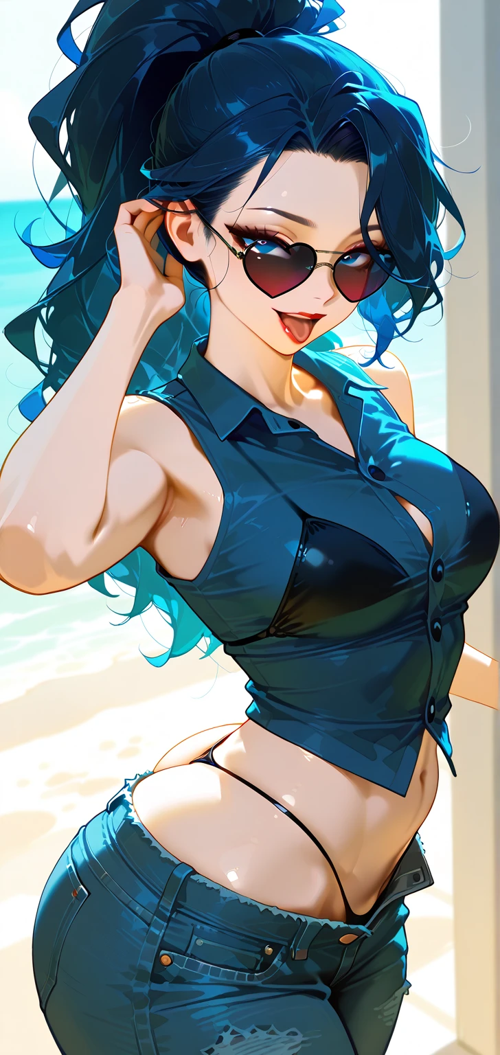 Girl with turquoise hair, stands only in small leather shorts, Big breasts, hands on chest