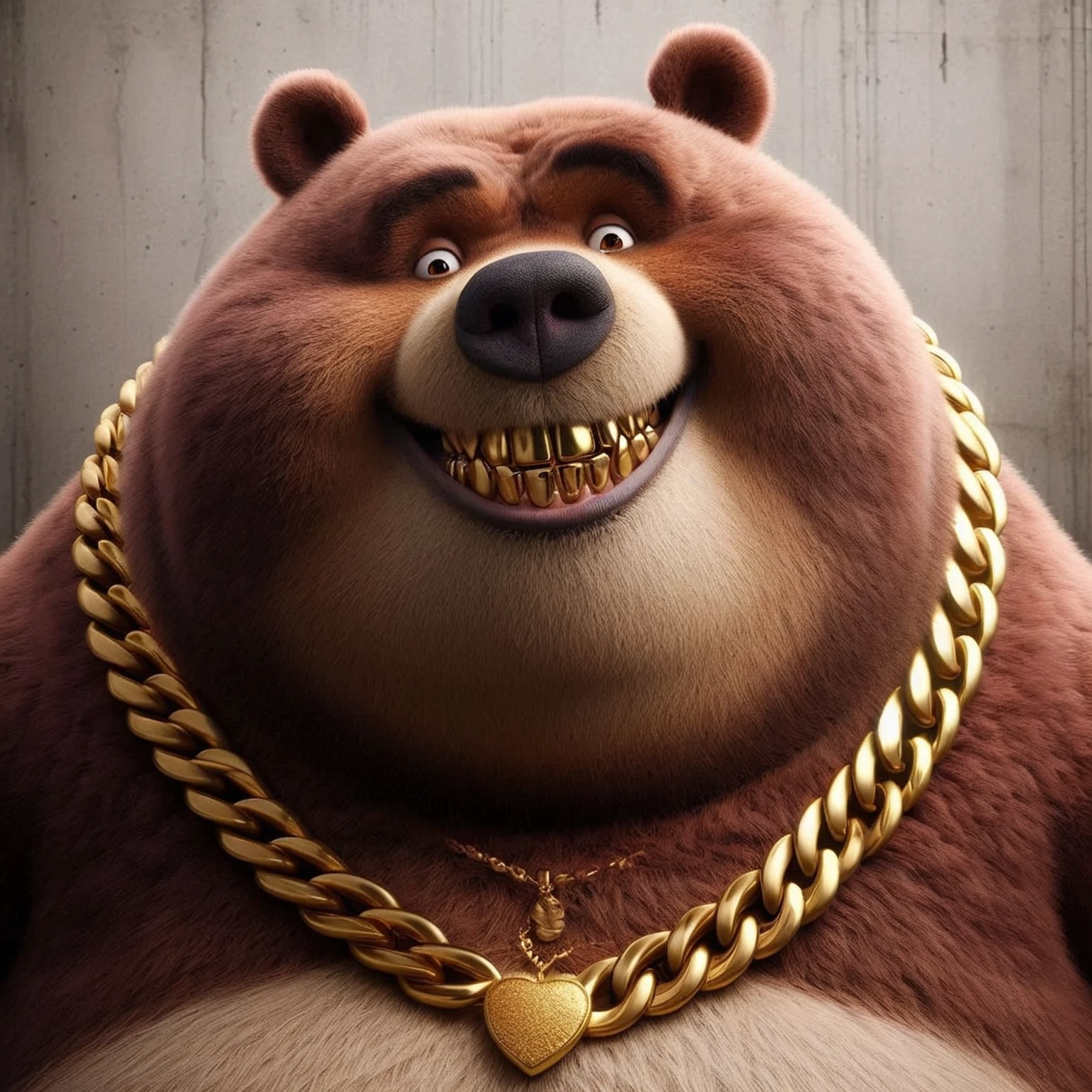 Close-up Photograph: sarcastic Fat Bear; shows off his gold teeth; with a look of disbelief; gold chain necklace; his arms are crossed; narcissistic relaxed stance; accentuating his fuzzy obesely exaggerated physique; concrete background; cute adorable Mirrored Chrome bioluminescent circuit board cute adorable obese Bear", glowing wires, hyper detailed, beautiful composition, visible details, Meaningful Visual Art, Digital Illustration, Unreal Engine 5, 32k, 3d digital art, sharp focus, masterpiece, made out of ral-ktchzpong 