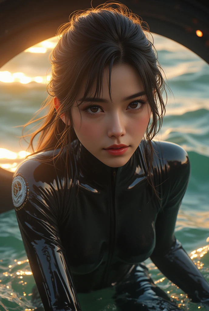 (masterpiece),(Highest quality:1.2),(Very detailed:1.2),(High resolution),(Photorealistic Stick),(RAW Photos),8k,Backlight,(Written boundary depth),(Sophisticated lighting:1.1), (Improving cinematic lighting quality:0.9),photo of a dressed woman,Soft Portrait Photography,Beautiful Japanese Women,whole bodyポートレート,(Eye light,Sharp pupils,Detailed eye drawing,)Very beautiful face,(Detailed skin texture:1.3),(Beautiful portrait:1.2),A lovely and delicate face,Beautiful young Japanese woman,Random Hairstyles,((Large Breasts:1.2)),Look at this,front,((whole body)),break(Wetsuits),((Coastal:1.5)),((Cowboy Shot)),((hand))