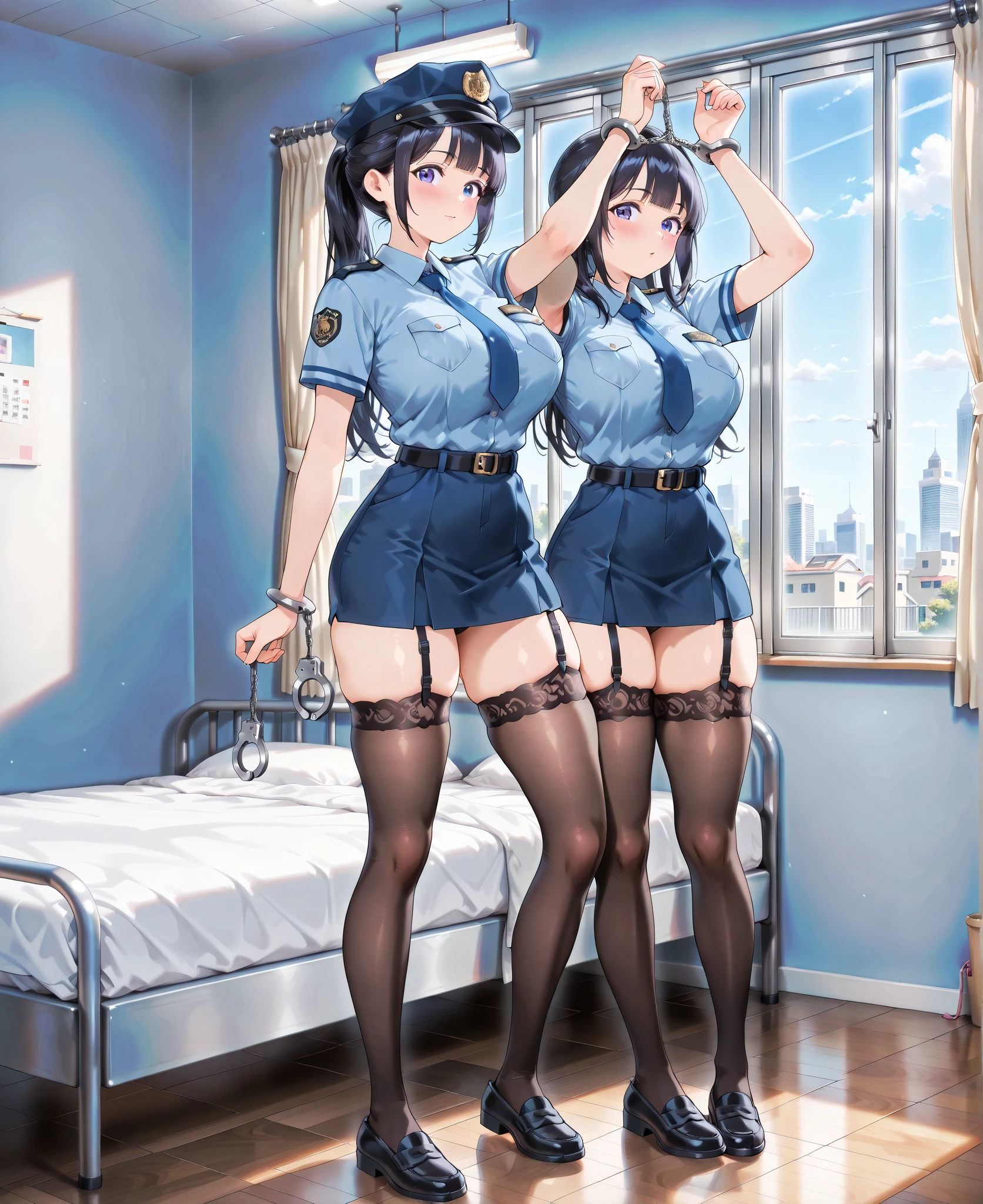 （8K ，Ultra-detailed，Super real photos，Best masterpiece，Nature，perfect work of art，perfect female body），two women，Sister and sister， sisters，rainbow hair，perfect face，（huge tits），neighbor wife，woman hairstyle，elegant wife，At the police station，Exquisite and ，wearing police officer uniform，police uniform，super short thong，穿着低胸露肩police uniform，T-shaped small，huge  big，transparent pink，full body shot，elastic muscles，raised raised raised，Obscenity exposed
