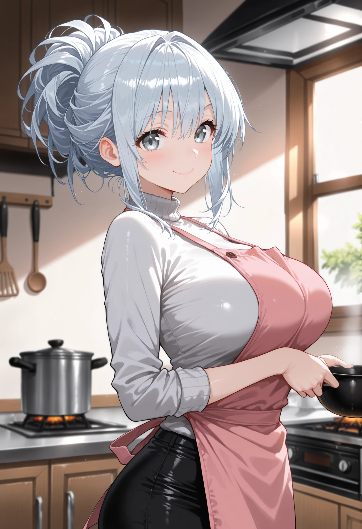(masterpiece, best quality:1.2), (high resolution, 8K RAW photo, photo realistics, clear focus, weak outline:1.3), (cinematic lighting, moody image atmosphere, textile shading), pov, solo, (milf:1.5), ((nfsw:1.5, fuge breast:1.3, big tits, breast cleavage, harass sexually, in heat, presenting)), ((beautiful eyes with highlight:1.3)), raised sexy, ((silver hair)), long hair, asymmetric hair, half updo hair , ((red eyes eyes)), bokeh , tight focus, (correct anatomy:1.6, ideal ratio of body proportions), ((horse ears on head)), (big ass), ((naked with white apron)), (hat on head), (in kitchen), (horny), (wet pussy), (seductive smile),