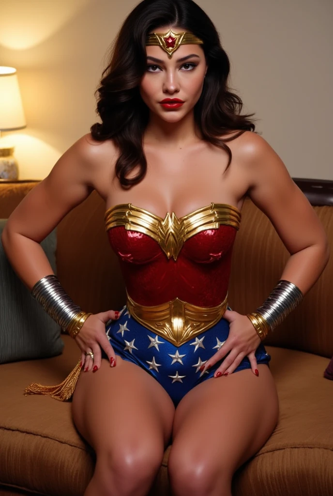 Plump beauty、American Comic Hero、Strong standing、、Latex bloomers、Latex sports bra style、Gloss、Cleavage、High leg、Knee-high boots、night、ruins、smile、sexy、Masterpiece、High definition、high resolution、Like the picture、、4K resolution、Wavy short hair、Black Hair、Red、blue、gold、Wonder Woman