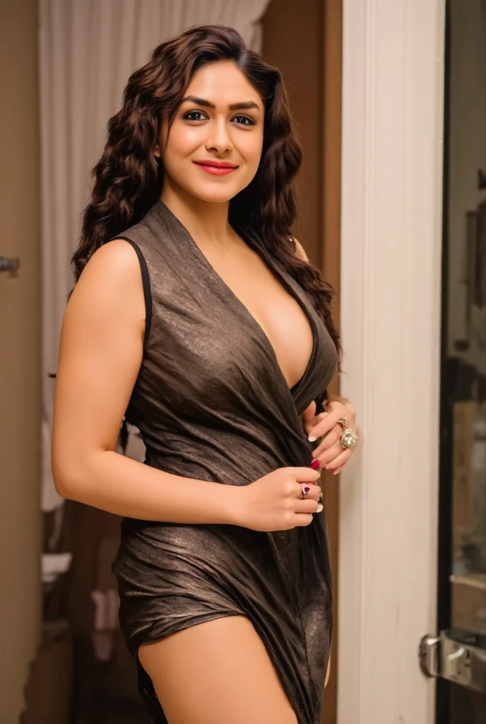 Create an extremely sexy portrait photo of Nayanthara, a 40-year-old hot MILF, celebrity actress. This photorealistic upper body portrait should feature Nayanthara as a curvy, busty woman with swooping breasts and deep cleavage. She has extremely sexy dark jjuicie armpits , Her figure is emphasized, with her arms open to reveal sexy armpits. She wears a necklace and is situated beside a temple in a forest, stripping off a shiny black mini-wear outfit. Her hair is styled in a ponytail. The image should showcase an insanely detailed, realistic skin texture, capturing every nuance of her allure. (Detailed face )