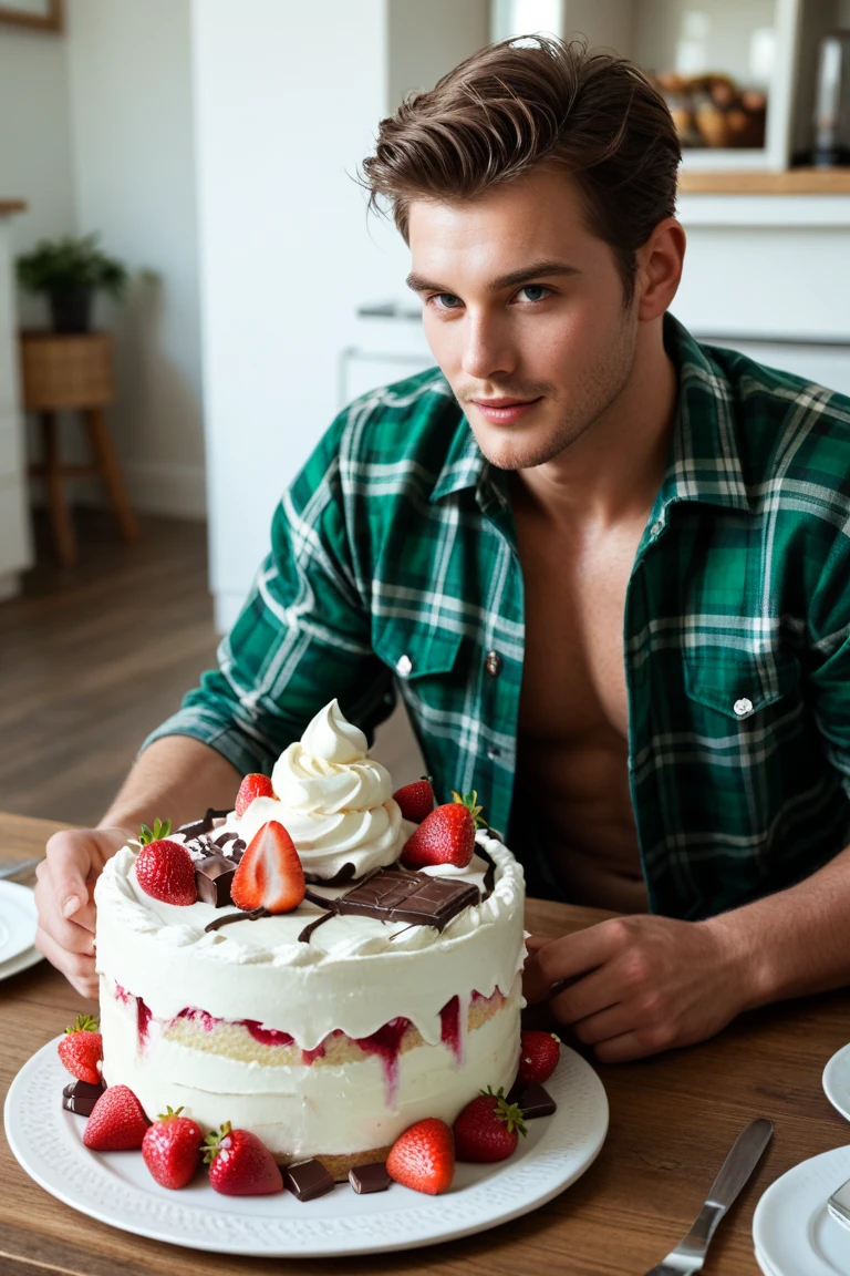 A young cute handsome shirtless white ice cream server with pink hat