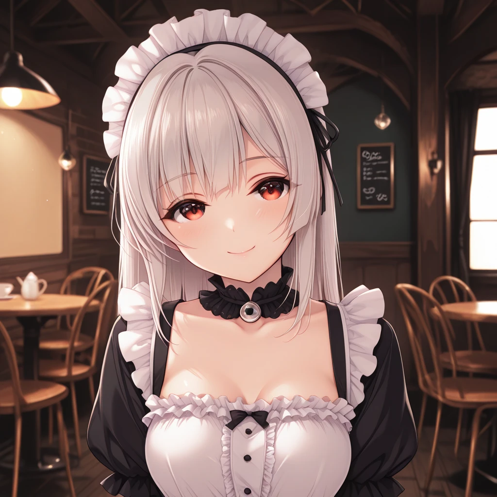(masterpiece, best quality:1.2), cowboy shot, solo, 1girl, sonken chuubou, smile, looking at viewer, holding tray, hairband, waitress, apron, puffy sleeves, pantyhose, large breasts