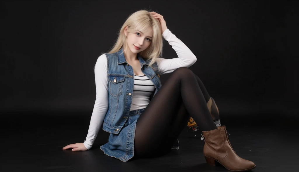 Asiatic woman, jovem, bonita, magra, middlebreasts, cintura estreita, coxas finas, cabelos negros curtos, franja, usando blusa curta branca, saia jeans curta, jeans miniskirt, saia curta azul desbotada. Skintight, white leather boots up to knees, botas de salto alto, fundo escuro, parede de tijolos aparentes, rustic furniture soft lighting