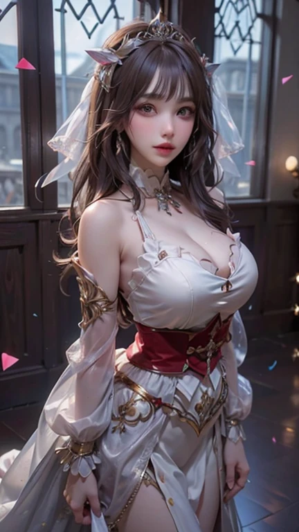 Columbina_(genshin impact), white roses, ornament hair, white roses on her hair, angel, perfectly body, perfectly hands, multicolored hair, black hair, pink hair, long hair, garden scenery, gold lantern, wedding dress, white dress, a dress with layers, a lot of frills, more details on her clothes, golden details on the dress, night, ((4k, masterpiece, top-quality)),8k, best quality, high resolution, HD, (illustration:0.8), super cute girl, delicate and beautiful face, 1girl, solo, mature girl, super cute hairstyle, (beautiful detailed eyes:1.6), extremely detailed face, perfect lighting, extremely detailed CG, (perfect hands, perfect anatomy), super complex details, intricate details, Best quality, cleavage, clothes lift, skirt, lying, full Body, perfect body ,sitting, two legs, two arms, two hands, five fingers