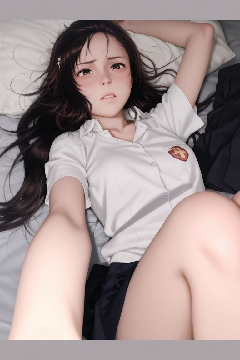 Nsgw, A sexy young Alex Less, laying on her back, seductive smile, seductive eyes, seduction atmosphere, looking deep into the viewer eyes, a hunger look for passion, knees-up and legs open, wearing her school outfit.