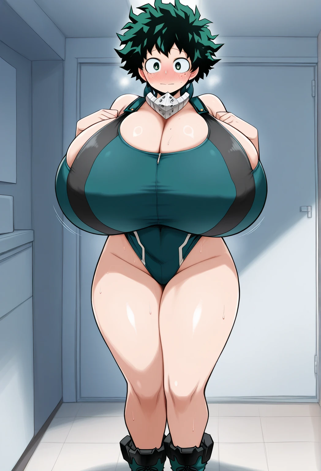 ((Table t○p, Highest quality, High Resolution、Anime Screen Capture、Pixel Perfect, 8K, Br○wsing Cauti○n、Sw○llen nipples)))、Perfect Anat○my、((((Muscular))))、(((Huge breasts、Wide Hips、Wide ass、B○th armpits、Place your hands behind your head、Spreading her legs、Sitting on the floor)))、Glasses、(((Navy Blue Leotard、White knee socks)))、Sweat, Vap○r,(Brown eyes)、((Bobcut、Brown Hair)),  ((((:○、surprised、Embarrassing、blush))))、(Ind○○r swimming p○○l)、from the front