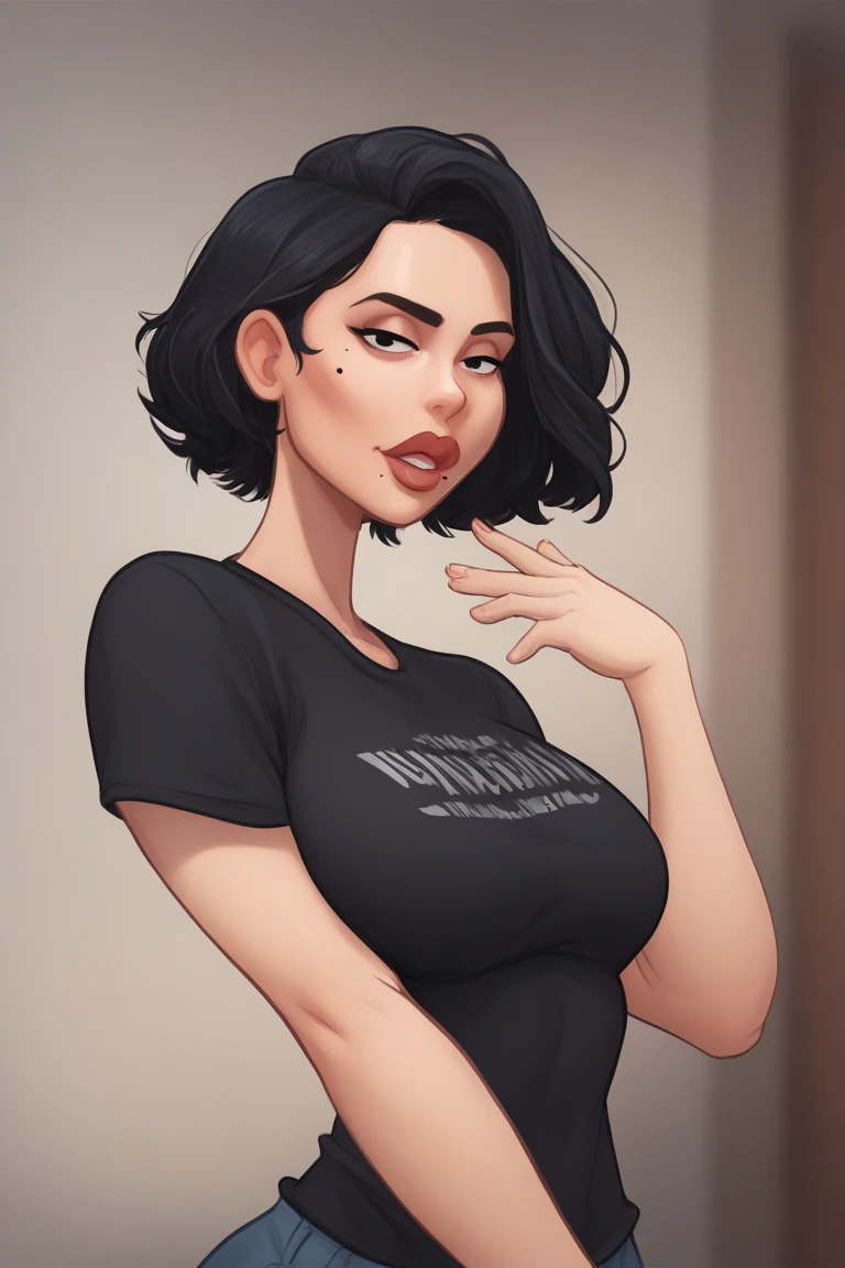 1girl, mature female,short hair, wavy hair, black hair, red eyes, dress, swept bangs, medium breasts, choker, dark skin, earrings, pointy ears, makeup, night, thick lips