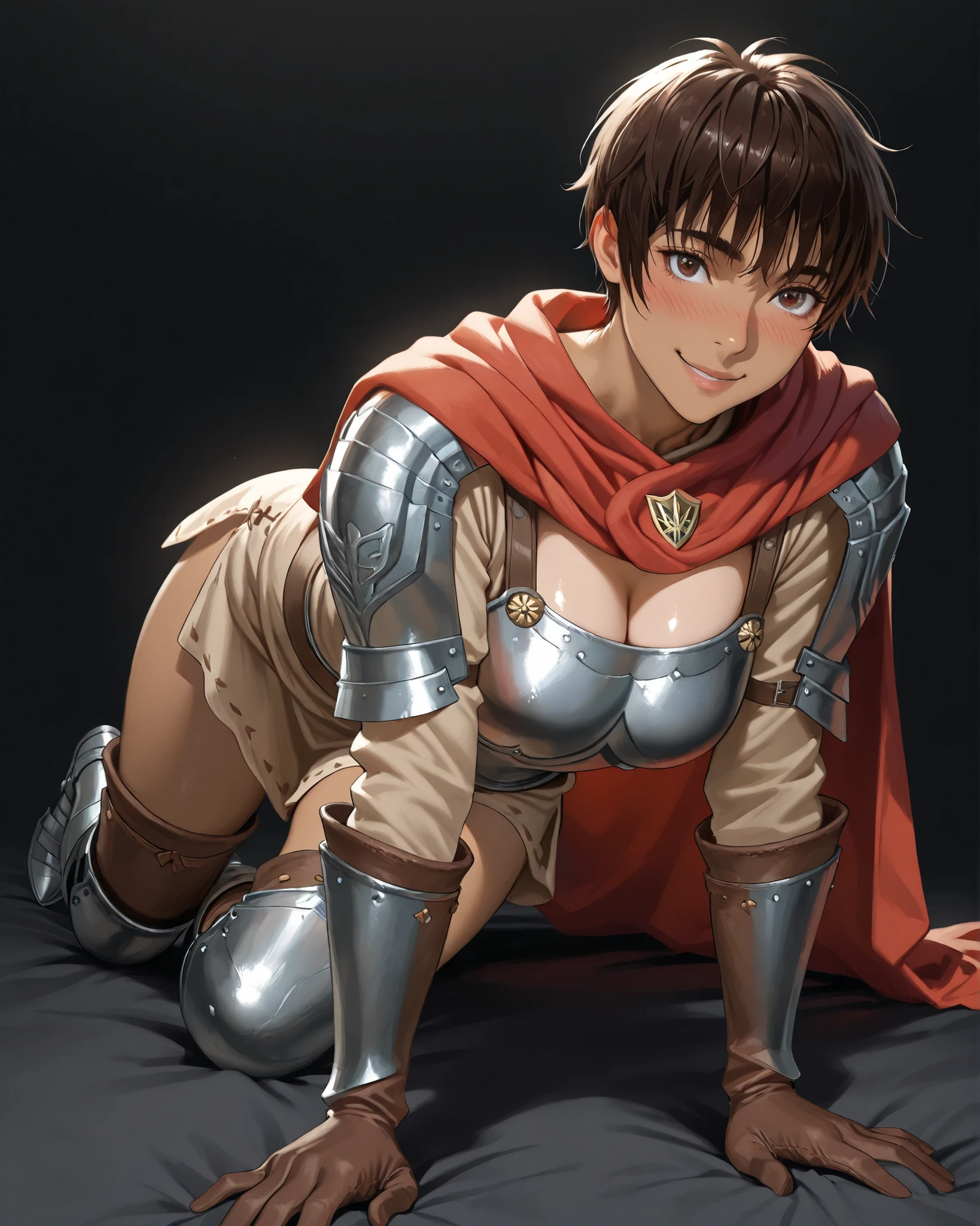 closeup, Sluisap, eyes、usnr、GBF_style、748cmstyle、32K、Semi-realistic、 super detailed description 、Artwork、Original Works、 detailed color、 detailed eyes、 detailed lips 、 The Greatest Masterpiece、Professional work、normal 、Berserk Character, Casca , Casca, (Casca :1.3 cosplay ) , dark background , cowboy shot, , full frame , full length , shiny body, ,( full body view1:3), , full body view , , normal , looking at the viewer , smile ,cleavage , ,full body , black background , nose blush , ,short pixie cut, messy bangs, dark skin tone , Wearing a steel chest plate , shoulder protections , beige tunic under the armor , , orange red cloak draped from the shoulders , brown leather gloves , armored vambraces , short , pale tunic extending to mid thigh , brown underlayer leather , padded leg armor , armored boots , prone position