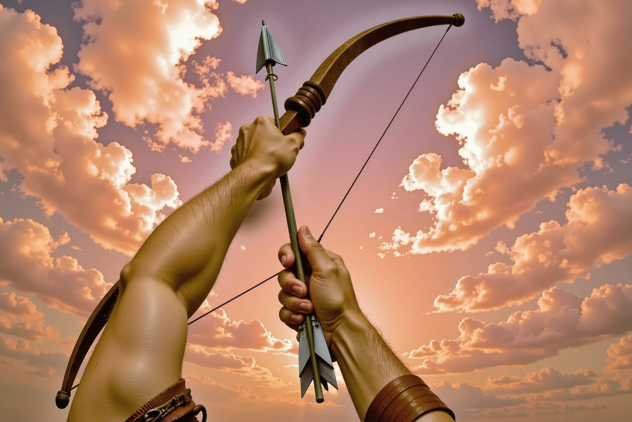 First-person perspective of an archer drawing a bow and aiming a single arrow toward the sky. The archer’s arms and hands are visible in the foreground, gripping the wooden bow tightly as the string is pulled taut. The sky above is vast and dramatic, painted with streaks of golden light from the setting sun and scattered clouds glowing with warm hues. The atmosphere is tense yet serene, capturing the moment just before release, with the arrow pointed heavenward.