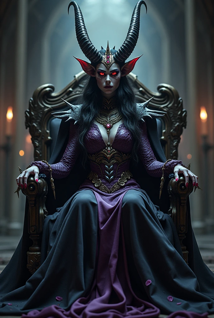 monster girl, very beautiful, wizard, black robe, red trim, long hair, horns, scales, f4ng, small fangs, fangs, blue and purple gradient skin, gold, jewelry, in a palace, sitting on throne, close-up, blue eyes, full body, 