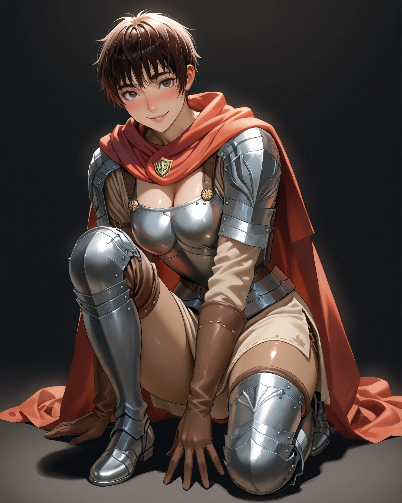 closeup, Sluisap, eyes、usnr、GBF_style、748cmstyle、32K、Semi-realistic、 super detailed description 、Artwork、Original Works、 detailed color、 detailed eyes、 detailed lips 、 The Greatest Masterpiece、Professional work、normal 、Berserk Character, Casca , Casca, (Casca :1.3 cosplay ) , dark background , cowboy shot, , full frame , full length , shiny body, ,( full body view1:3), , full body view , , normal , looking at the viewer , smile ,cleavage , ,full body , black background , nose blush , ,short pixie cut, messy bangs, dark skin tone , Wearing a steel chest plate , shoulder protections , beige tunic under the armor , , orange red cloak draped from the shoulders , brown leather gloves , armored vambraces , short , pale tunic extending to mid thigh , brown underlayer leather , padded leg armor , armored boots , one knee up