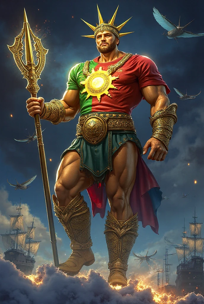 A muscular goat wearing a muscular crown and wearing the clothes of a god, a light blue cape, stepping on two pennants, one green saying LIX and the other red saying LXI, and with one hand holding a light blue pennant saying LX SUP